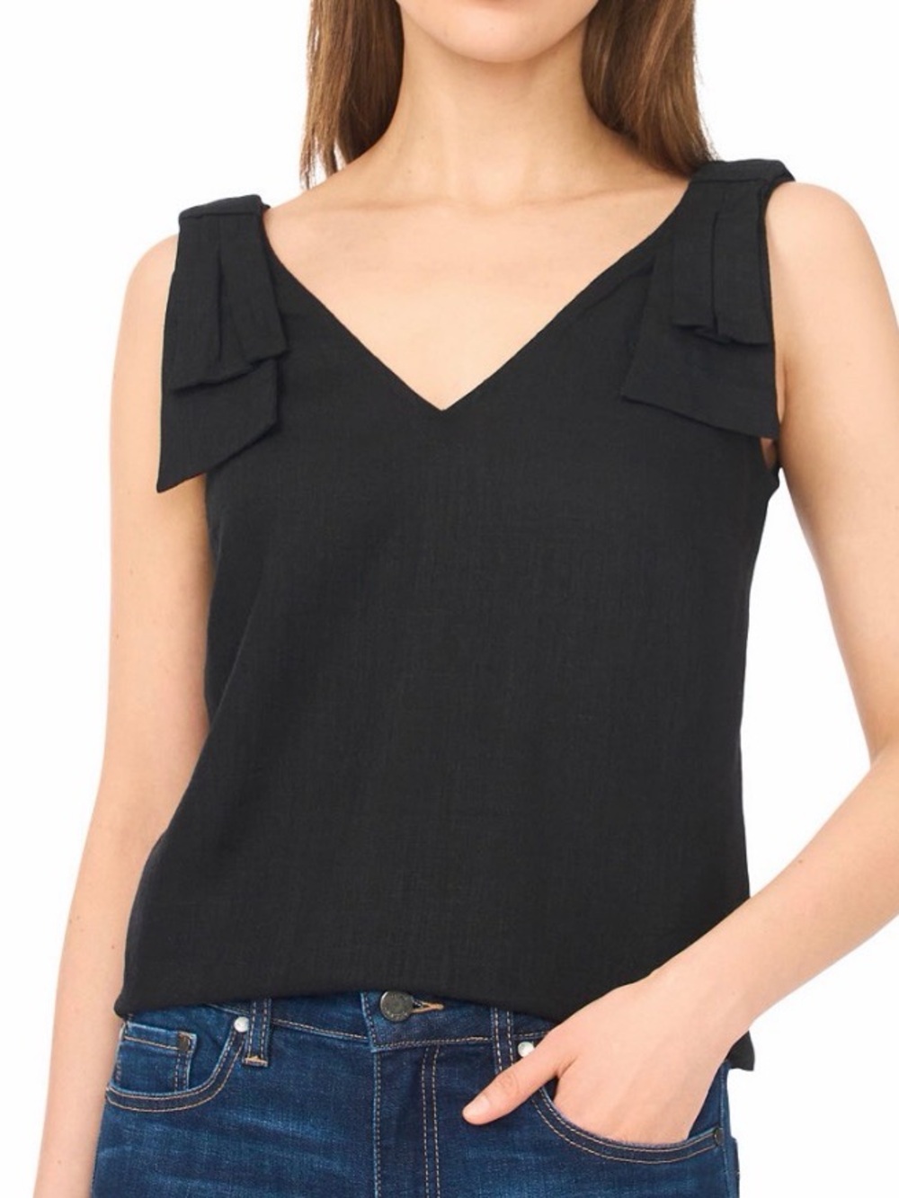 CeCe Black V-Neck Tank with Bow-Style Shoulder Details size Large
